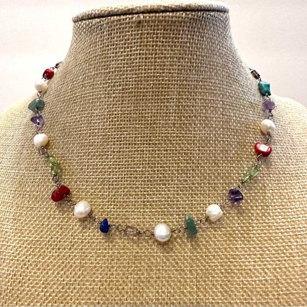 Sterling Silver 925 & Multi-color Genuine Gemstone & Pearl Necklace amethyst